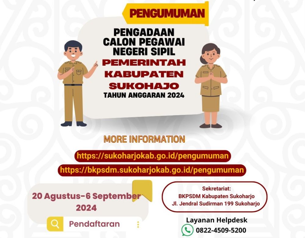 Pengumuman Penerimaan Calon Pegawai Negeri Sipil (CPNS) Kabupaten Sukoharjo Tahun 2024